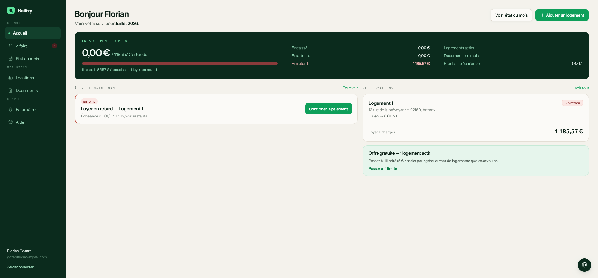 Bailizy monthly rent dashboard