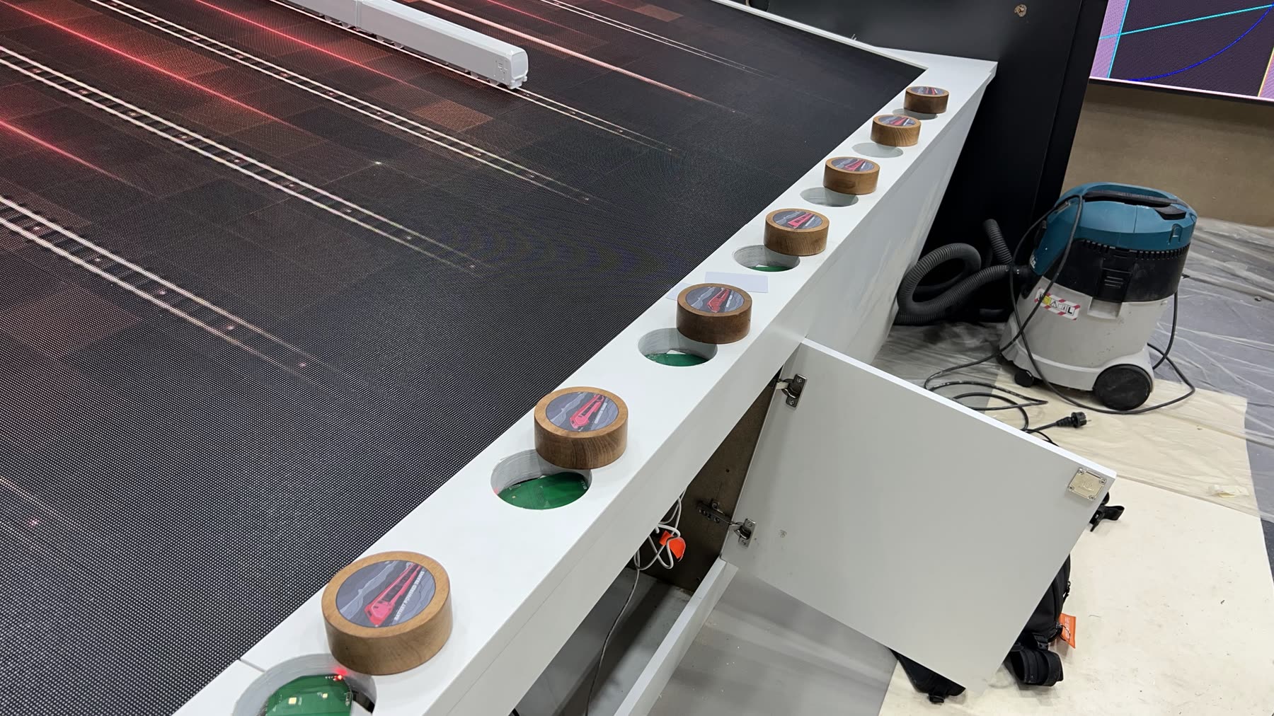 Overhead view of the NFC train tokens set into the stand furniture