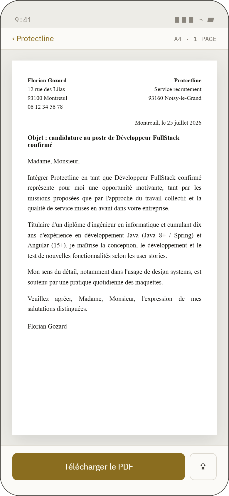 LM Generator finished letter view on mobile