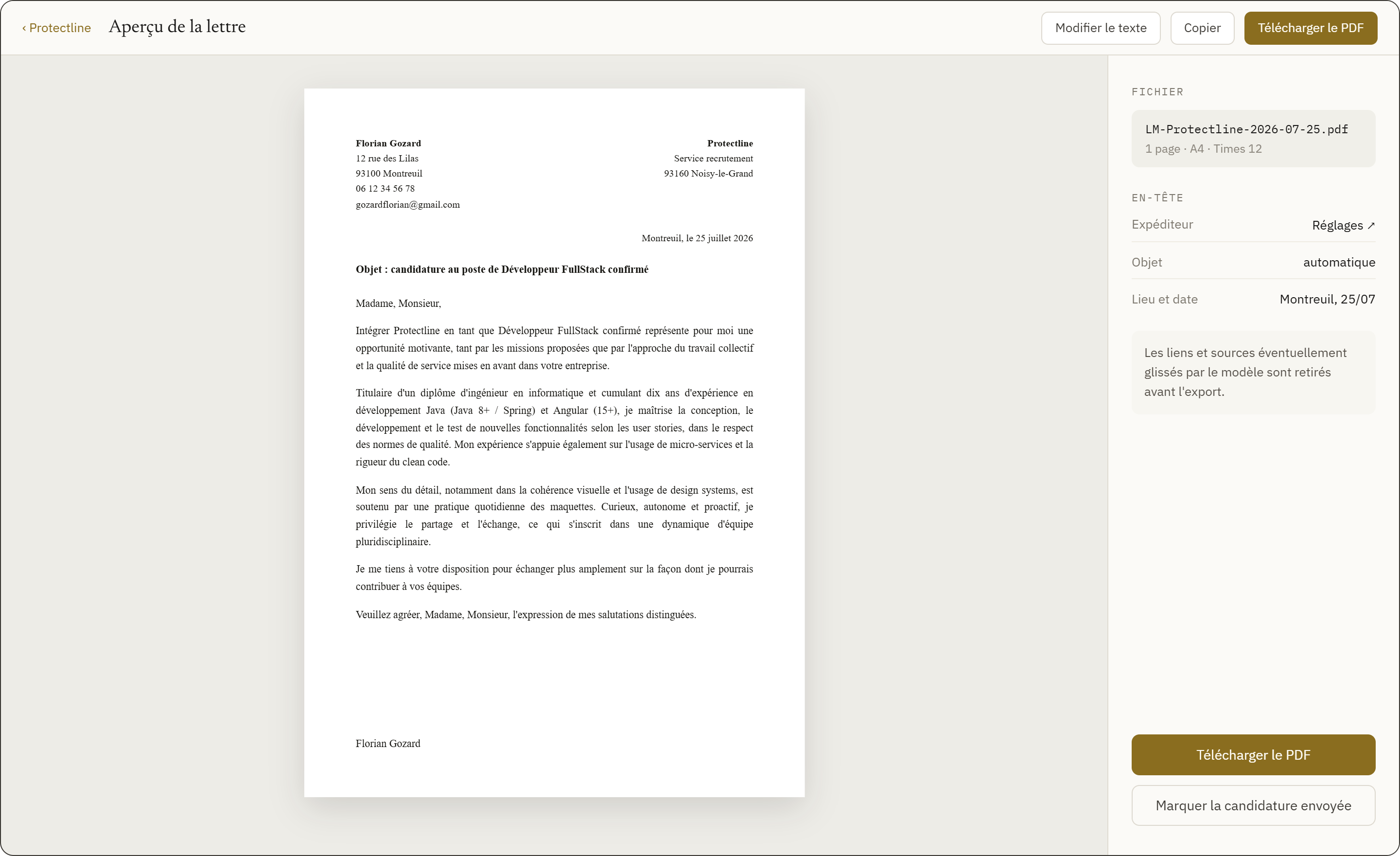 LM Generator finished letter view