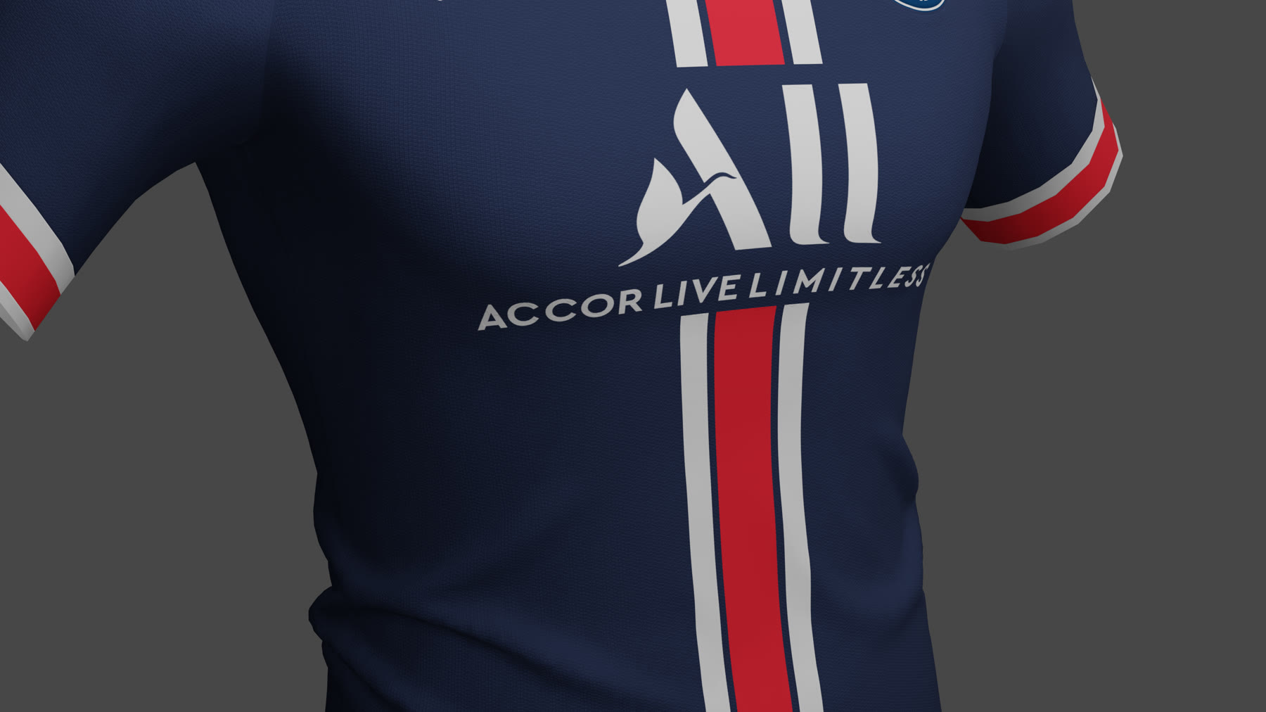 Close-up render of the chest sponsor and crest