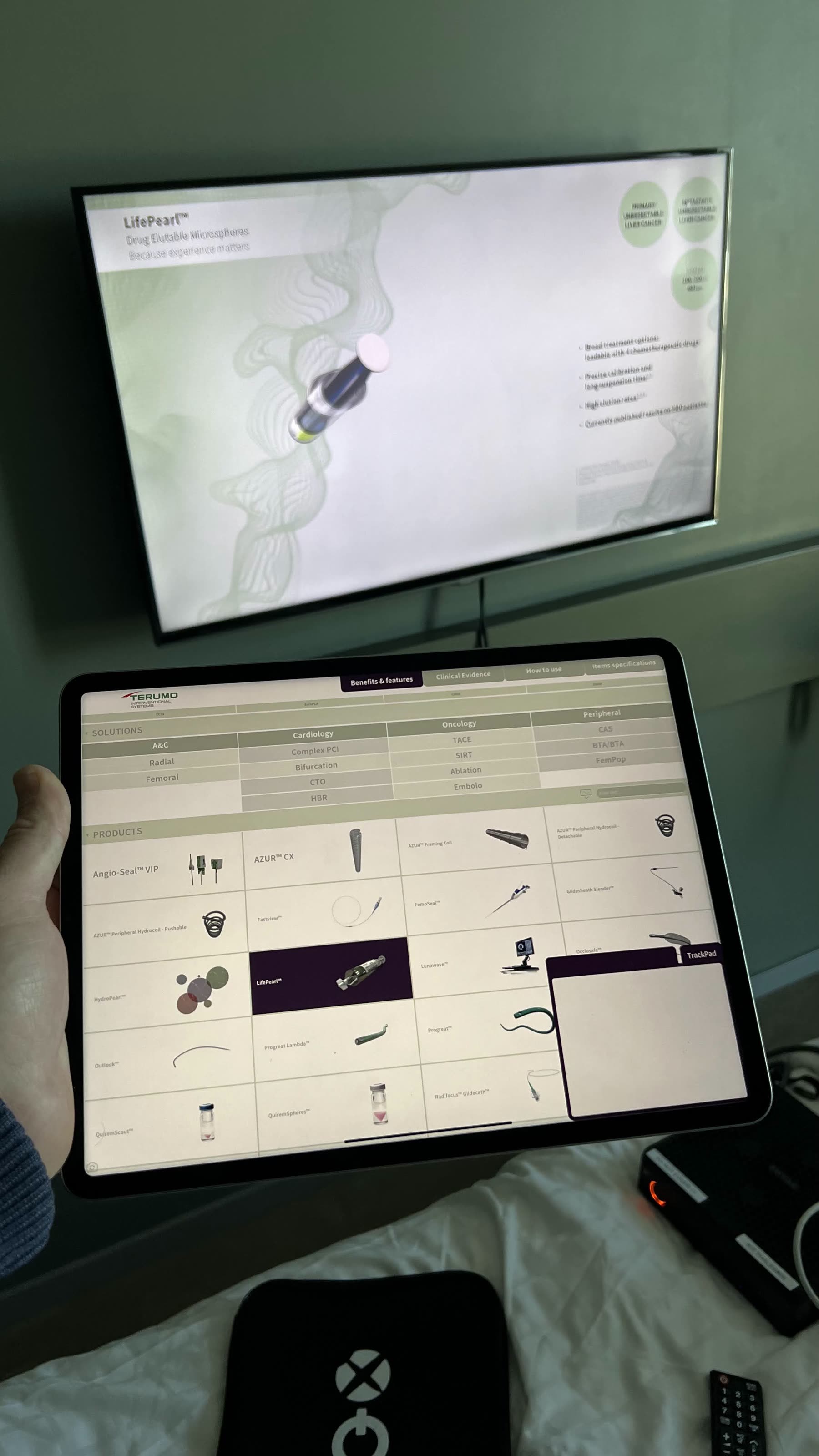 Companion tablet app showing the Terumo product catalogue
