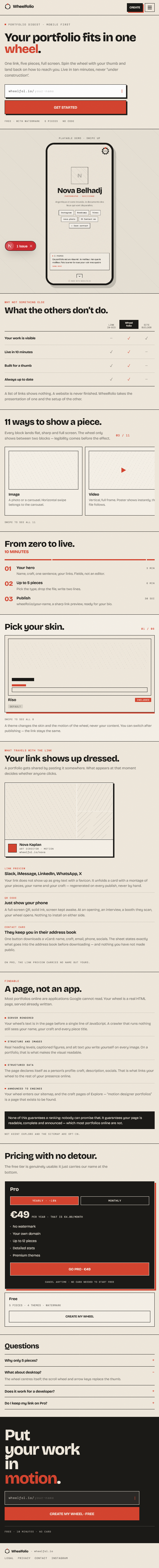 Wheelfolio landing page with the wheel demo